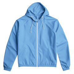  product mockup of light blue windbreaker jacket with hood isolated on transparent background