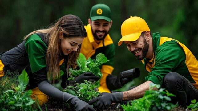 Green Thumbs, Green Future: A diverse team of volunteers plants seedlings in a lush forest, their smiles reflecting the joy of giving back to nature.