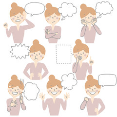 collection set of cute doodle hand draw speech bubble balloon with girl woman character facial expression, text box think speak talk banner, flat design vector illustration