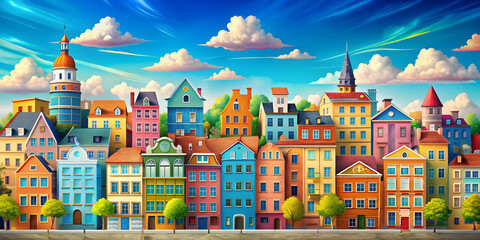 Naklejka premium Whimsical cityscape with colorful buildings under a blue sky , whimsical, cityscape, colorful, architecture, blue sky, playful,vibrant
