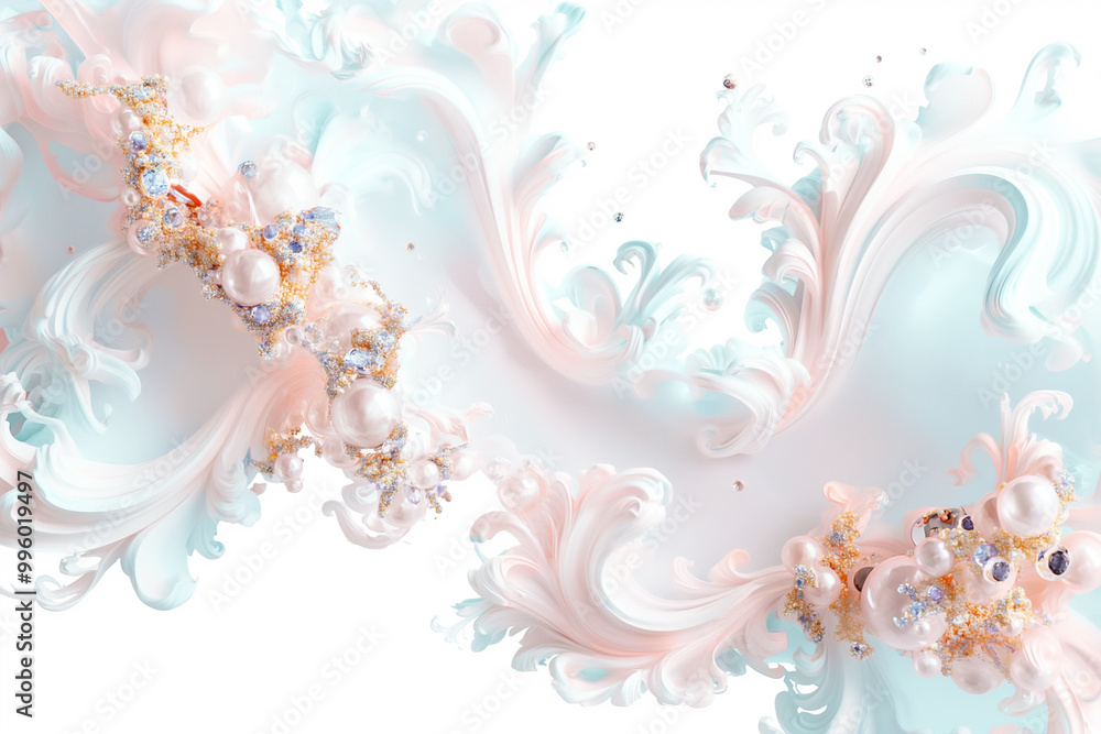 Poster soft pastel colors blend seamlessly into flowing patterns adorned with pearls and sparkling elements