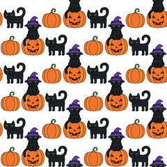 Halloween cartoon seamless pattern. Cute black cat, orange pumpkin. Animal holidays character. Vector.