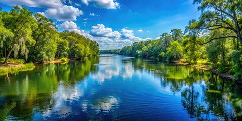 Serene Satilla River flows gently, reflecting the clear blue sky above. Lush greenery embraces the banks, creating a tranquil escape in nature's embrace.