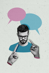 Vertical photo collage of upset man hand point blame abuse concept bullying insult victim...