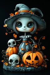 Adorable Halloween Witch Figures with Pumpkins and Skulls - Festive Fantasy Collection