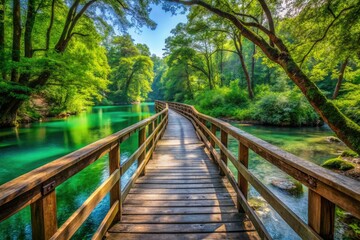 Scenic bridges arch gracefully over calm waterways, surrounded by lush forests and serene landscapes, inviting tranquility and exploration in natureâ€™s peaceful embrace.