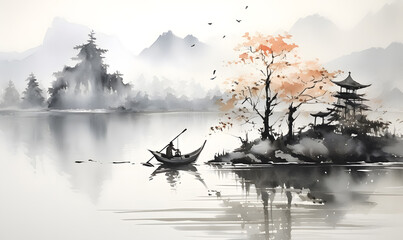 The motif of the Japanese painting includes a lake with a fishing boat and a mountain landscape with a misty haze in the background. Japan traditional sumi-e. Ink painting smeared with a wet brush.