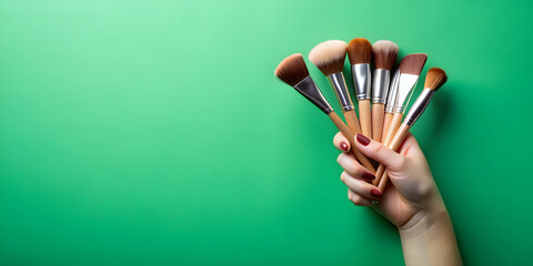Hand holding makeup brushes against a green backdrop, makeup, brushes, cosmetics, beauty, accessory, tools, artist