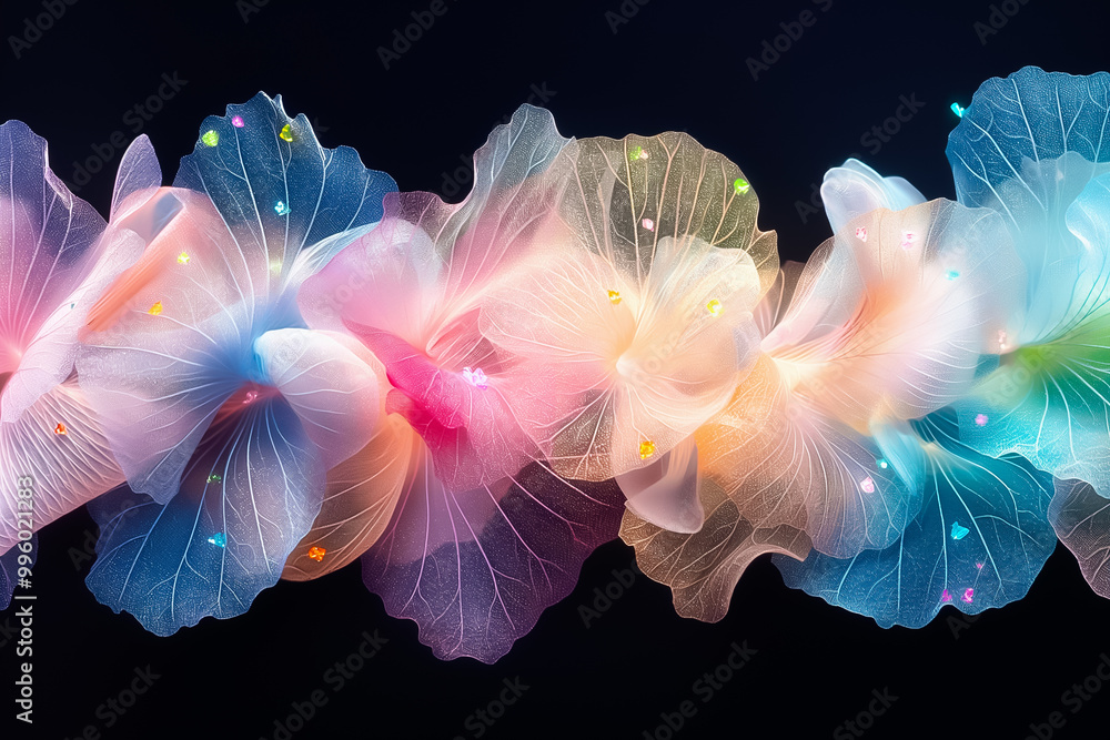 Poster this wallpaper showcases a series of pastel-colored floral elements arranged in a flowing pattern, i