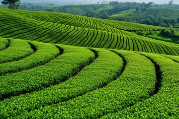A lush green field with rows of plants