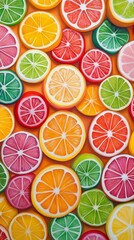 Colorful assortment of sliced citrus fruits.