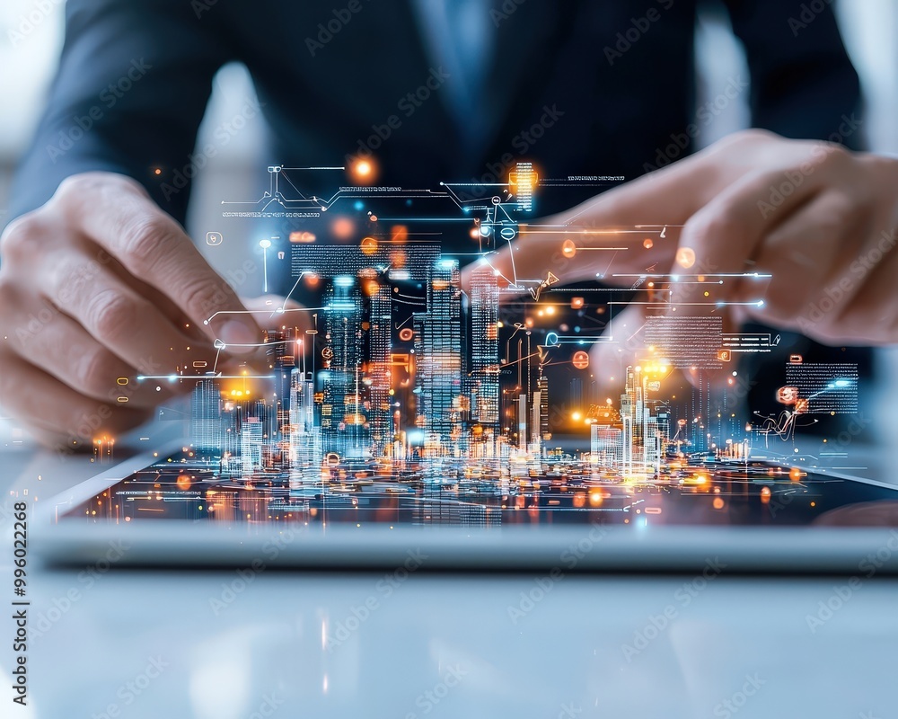 Poster hands interact with a digital city model on a tablet screen, showcasing futuristic technology and ur