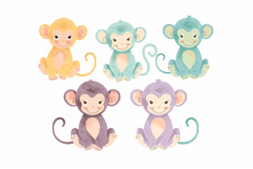 Set of five pastel-colored baby monkeys