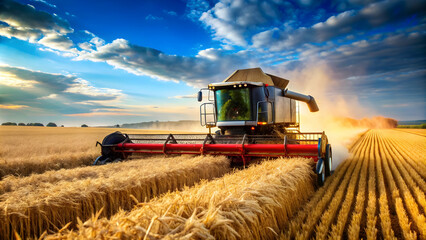 Fototapeta premium A modern combine harvester harvesting golden wheat in a vast field, agriculture, farming, machinery, technology, crop, grain