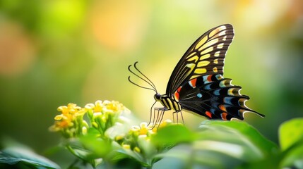 A Colorful Butterfly Perched on Yellow Flowers in a Lush Green Garden