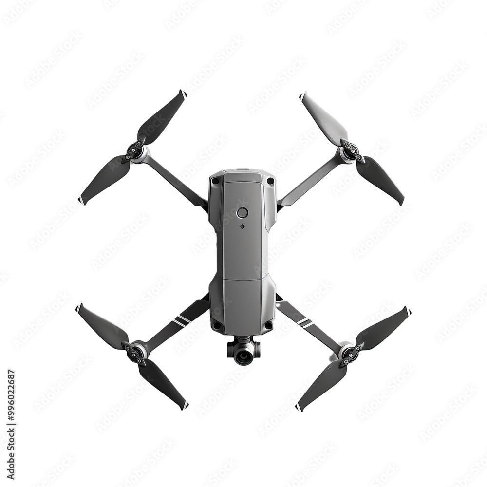 Poster grey quadcopter drone with camera is hovering with a white background