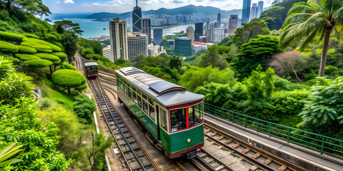 Obraz premium Green tram ascending slope of Victoria Peak in Hong Kong , tram, Victoria Peak, Hong Kong, famous, green, slope