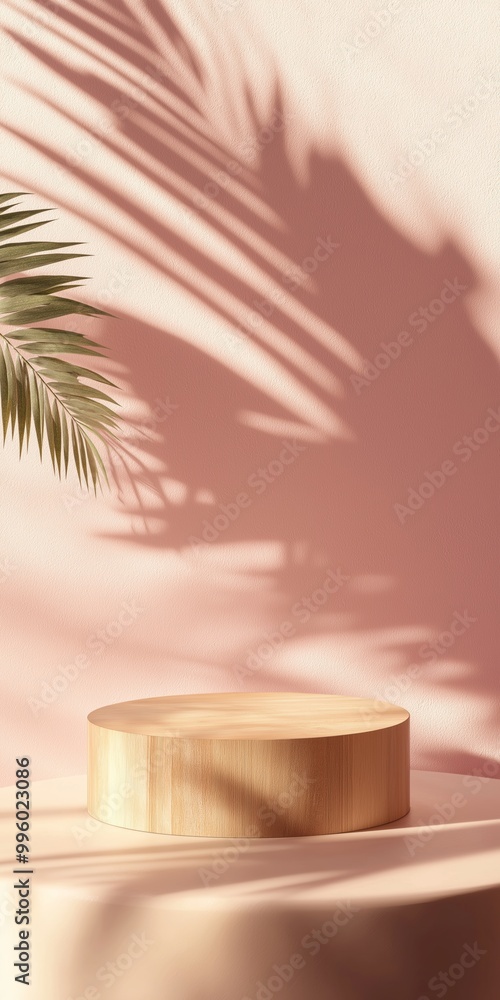 Poster a wooden pedestal with a palm tree in the background. the palm tree casts a shadow on the pedestal, 