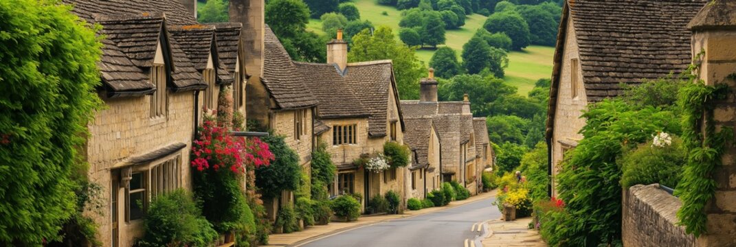 A small town with houses and a street. The houses are old and have a rustic charm. The street is lined with trees and bushes, giving it a peaceful and quaint atmosphere