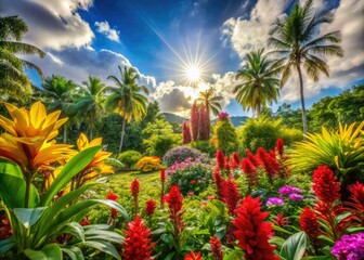 Fototapeta premium Lush garden brimming with vibrant tropical flowers, basking under the bright sun, creating a stunning showcase of color and life in nature's paradise.