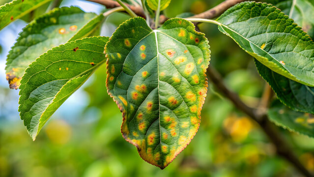 Close-up of Alternaria leaf spot on leaves of apple tree, apple tree, disease, fungus, infected, foliage, garden, agriculture, plant