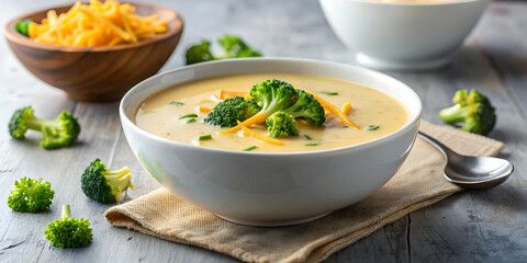 Creamy broccoli and cheddar cheese soup in a white bowl, broccoli, cheddar, cheese, soup, creamy, comfort food, warm, cozy