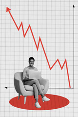 Collage template of happy woman work nice result promotion huge arrow grow up show direction...
