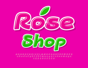 Vector cute flyer Rose Shop. Glossy Pink Font. Modern cool Alphabet Letters and Numbers set