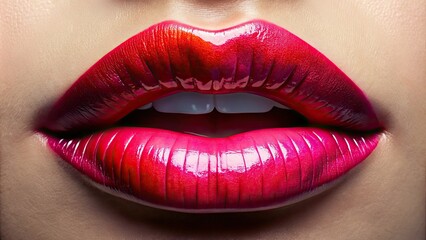 Obraz premium Intimate close-up of luscious, glossy lips adorned with vibrant lipstick, ideal for themes of beauty, romance, and makeup artistry, capturing elegance and allure in every detail.