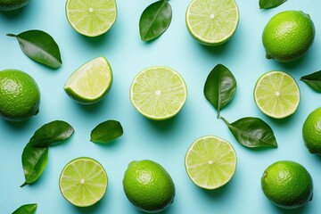 Fresh green limes overhead view - flat lay wit geneative ai