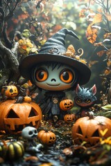 Adorable Halloween Witch Figures with Pumpkins and Skulls - Festive Fantasy Collection