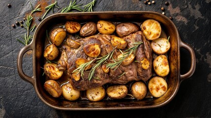 Roasted lamb with golden potatoes and fresh rosemary in a baking dish, hearty homemade meal on dark background