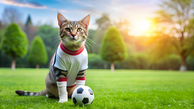 A playful cat dressed in a soccer jersey practicing with a soccer ball on a grass field , cat, soccer player, sports