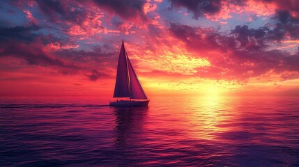 Sailboat Navigating a Crimson Sunset over the Ocean