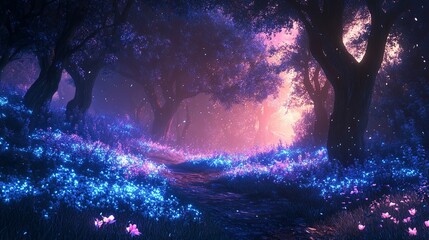 Enchanting Forest Path with Glowing Flowers and Misty Sunset