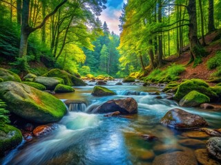 Gentle waters cascade over smooth stones, embraced by vibrant foliage, creating a serene atmosphere in an enchanting, peaceful forest teeming with life and beauty.