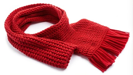 Red knitted wool scarf folded on a white background, representing winter fashion and warmth