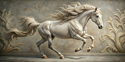 Beautiful horse relief wallpaper featuring a majestic horse in a mural style, horse, beautiful,relief, wallpaper