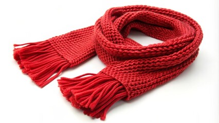 Red knitted wool scarf folded on a white background, representing winter fashion and warmth