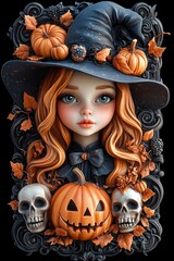 Adorable Halloween Witch Figures with Pumpkins and Skulls - Festive Fantasy Collection