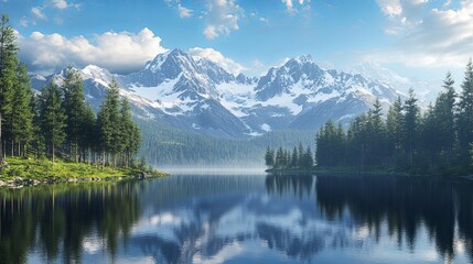 Tranquil Mountain Lake with Snow-capped Peaks and Evergreen Forest