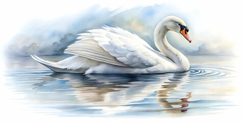Obraz premium Watercolor of elegant swan floating on water against white background, swan, watercolor,beautiful, bird, wildlife