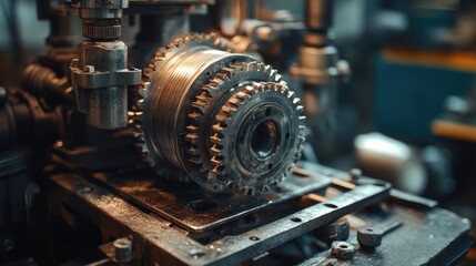 Fototapeta premium Closeup shot of industrial machinery. The photo depicts a complex system of gears and levers used in manufacturing.