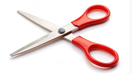 Red scissors lying open on a white surface, sharp blades reflecting light