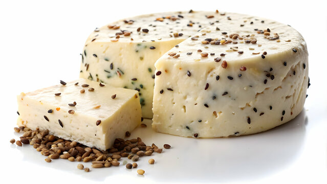 Close-up of fresh cheese with cumin seeds on white background, cheese, cumin seeds, food, dairy, gourmet, snack, ingredient