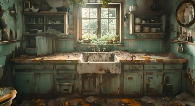 A Dusty and Abandoned Kitchen with a Broken Toilet and a Sink Full of Dirt