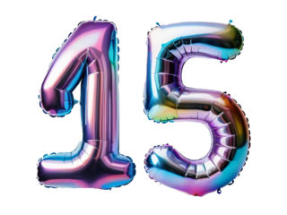 Number 15 made of holographic balloon on transparent background PNG