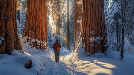 A lone hiker walks through a snowy forest of giant sequoia trees, the sun shining through the branches.