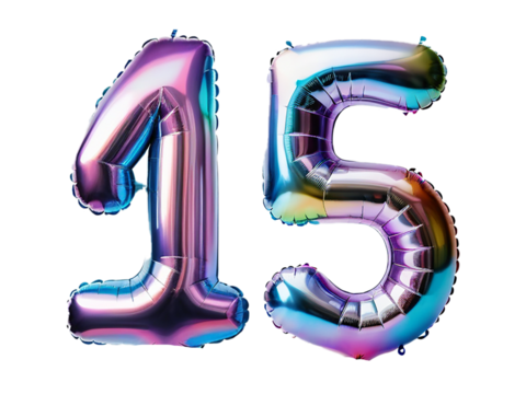 Number 15 made of holographic balloon on transparent background PNG