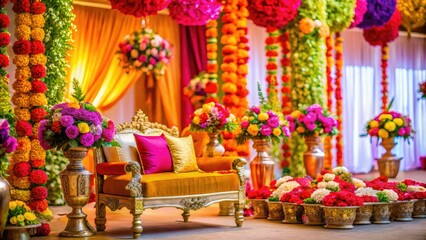 Naklejka premium Elegant home decor for Indian weddings with vibrant floral arrangements and traditional elements creates a stunning ambiance that celebrates culture and love beautifully.